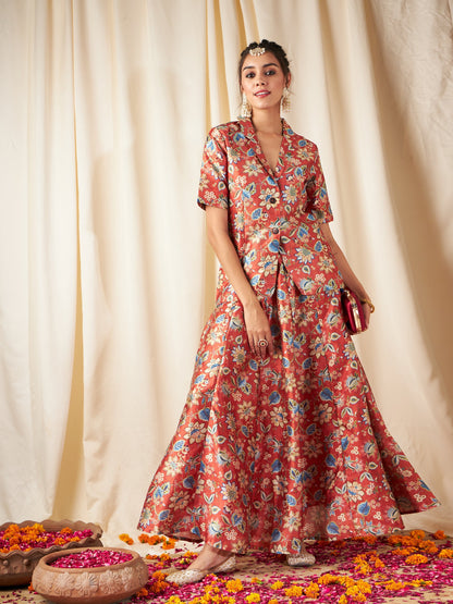 Orange Floral Anarkali Skirt With Blazer