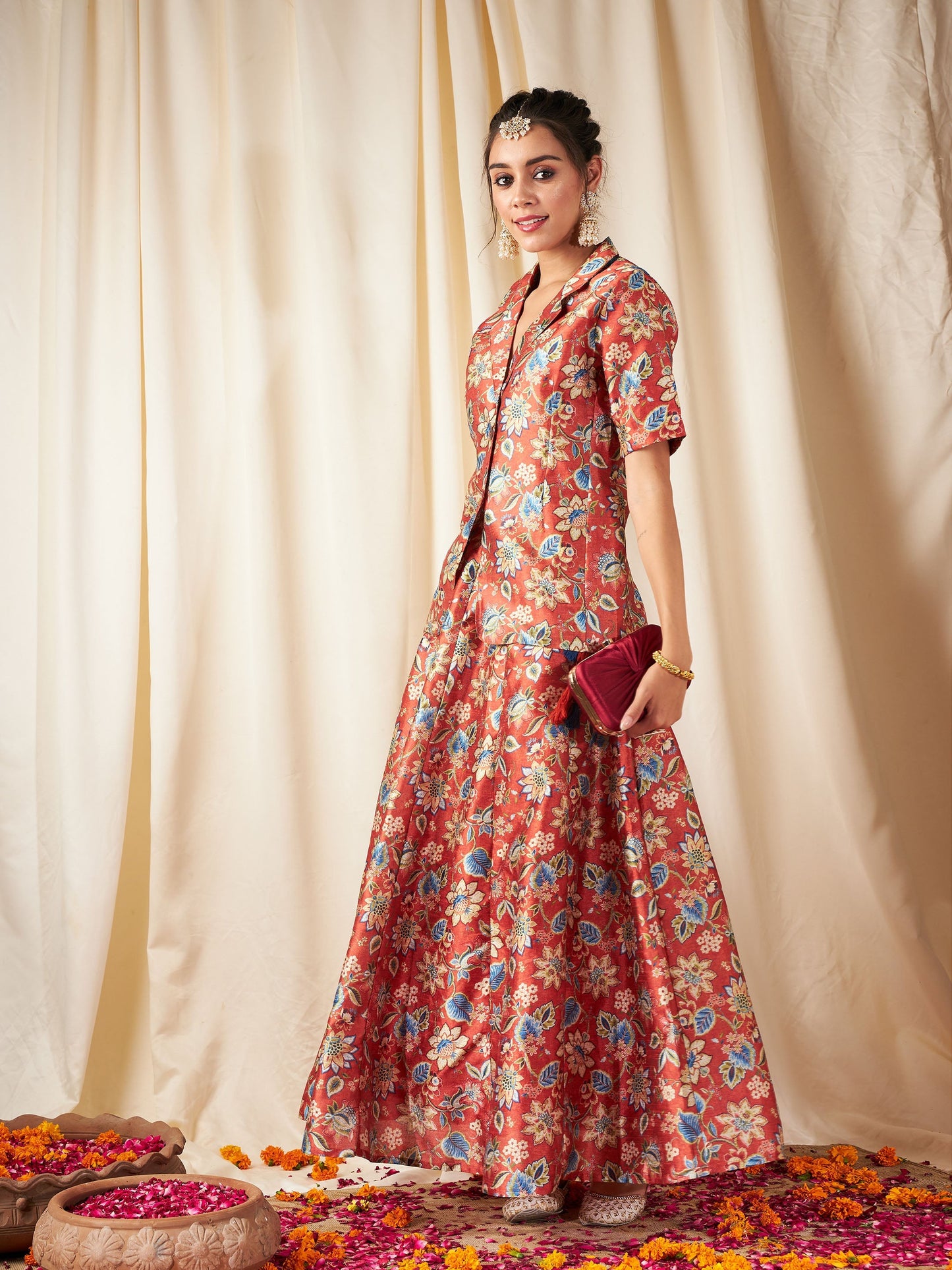 Orange Floral Anarkali Skirt With Blazer