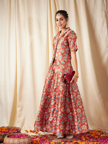 Orange Floral Anarkali Skirt With Blazer