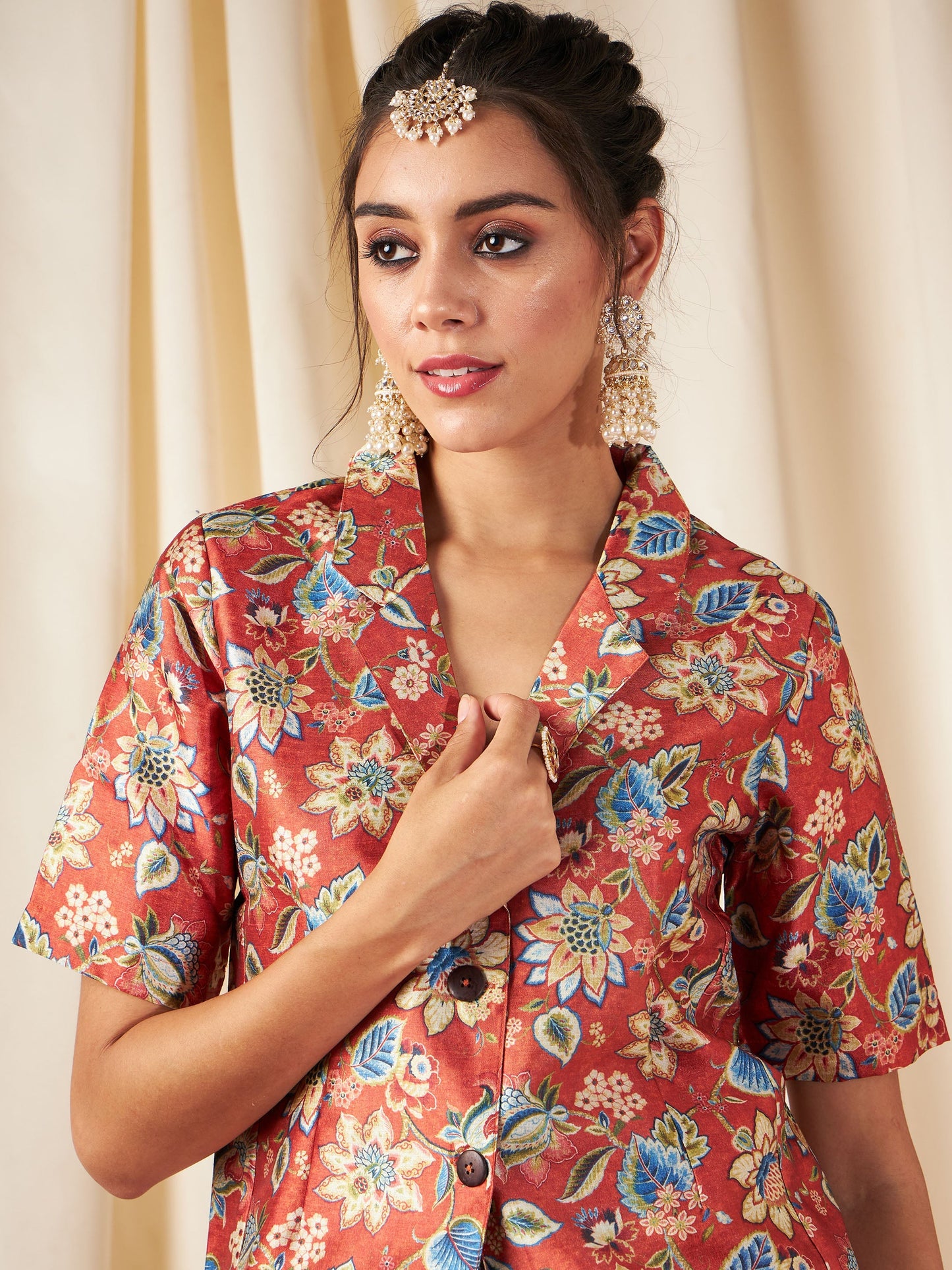 Orange Floral Anarkali Skirt With Blazer