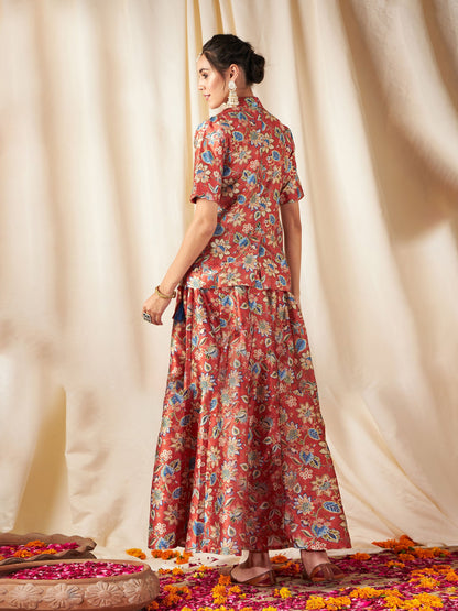 Orange Floral Anarkali Skirt With Blazer