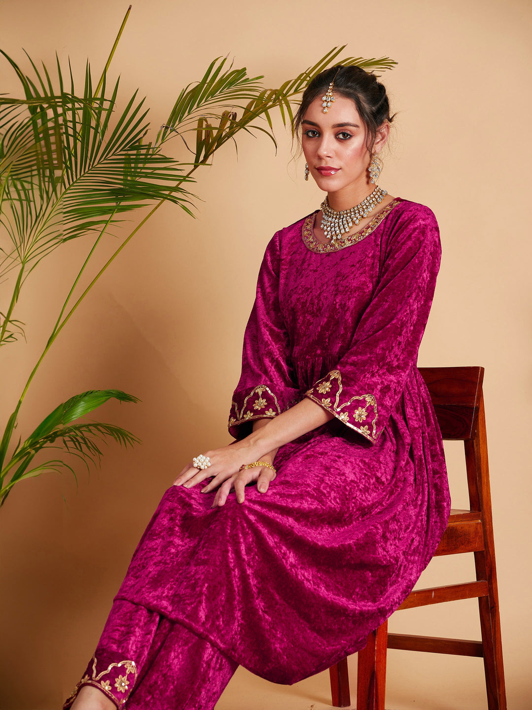 Women's Women Fuchsia Velvet Embroidered Dress With Pants in Velvet by Shae for wholesale, bulk, supplier, manufacturer and wholesaler buyers from Trendphoria