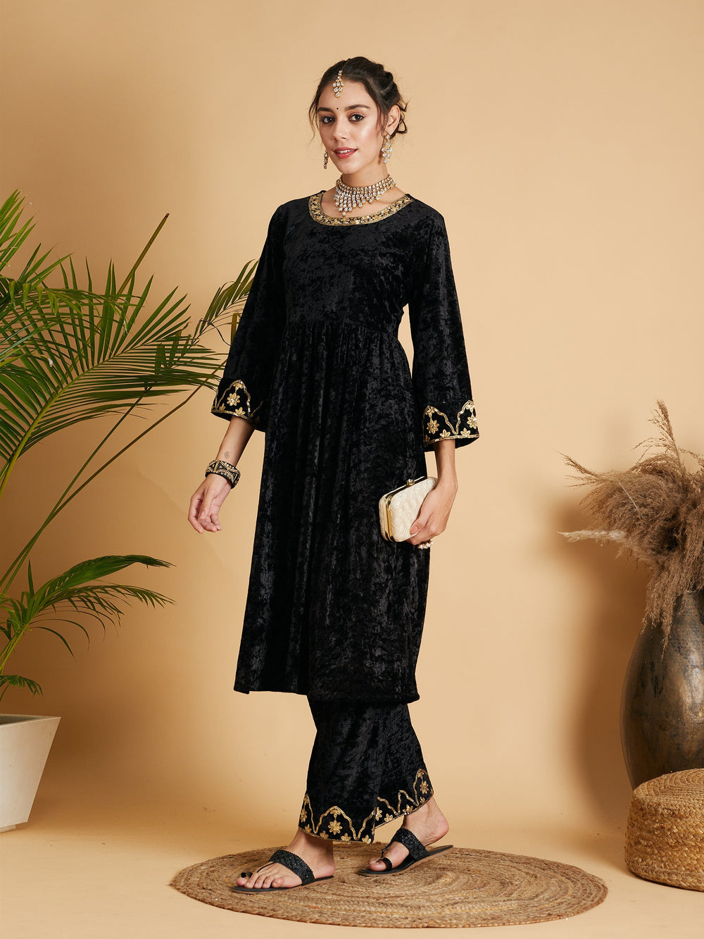 Black Velvet Embroidered Dress With Pants-Shae by SASSAFRAS