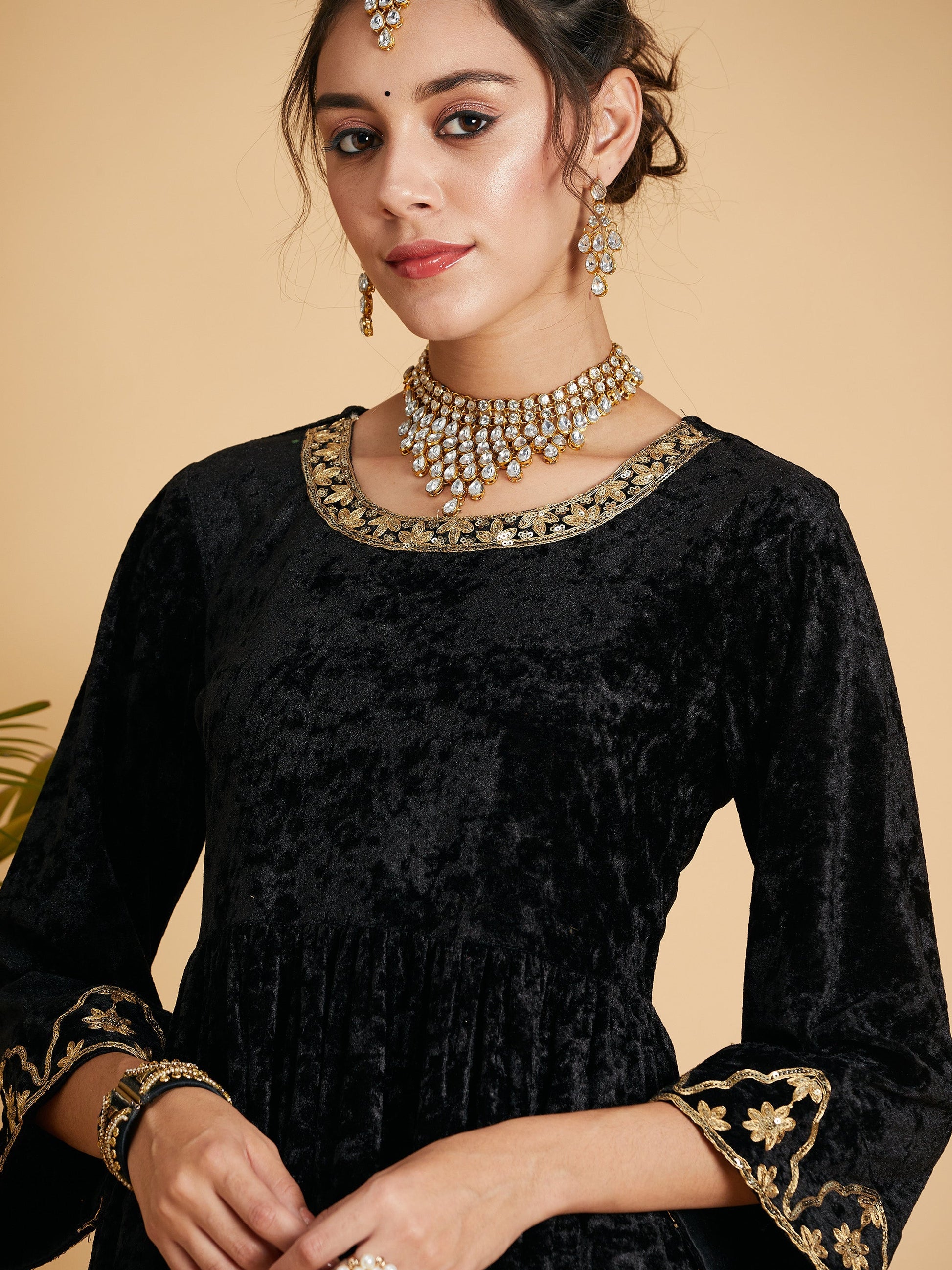 Black Velvet Embroidered Dress With Pants-Shae by SASSAFRAS