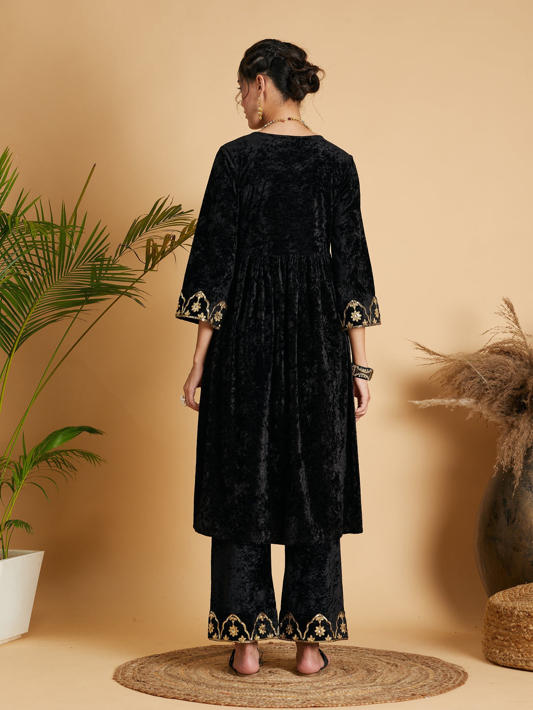 Black Velvet Embroidered Dress With Pants-Shae by SASSAFRAS