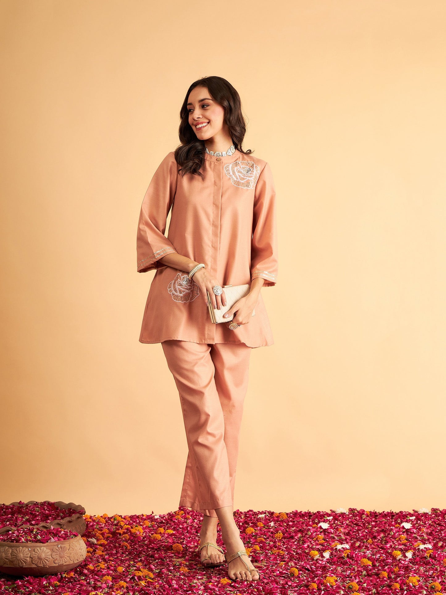 Brown Embroidered Collar Shirt With Pants