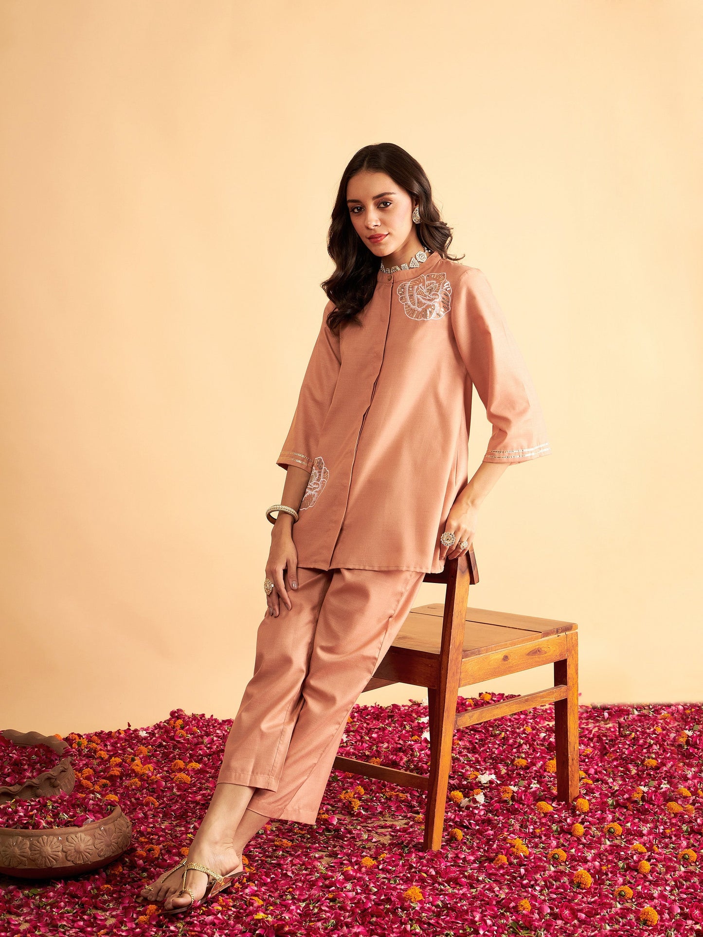 Brown Embroidered Collar Shirt With Pants