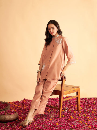Brown Embroidered Collar Shirt With Pants