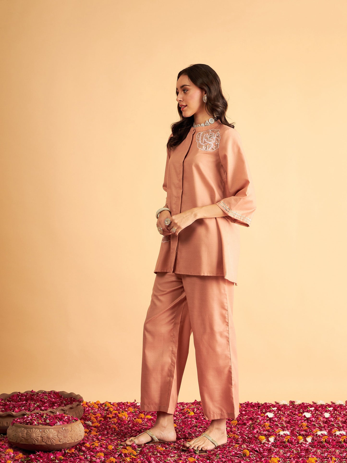 Brown Embroidered Collar Shirt With Pants