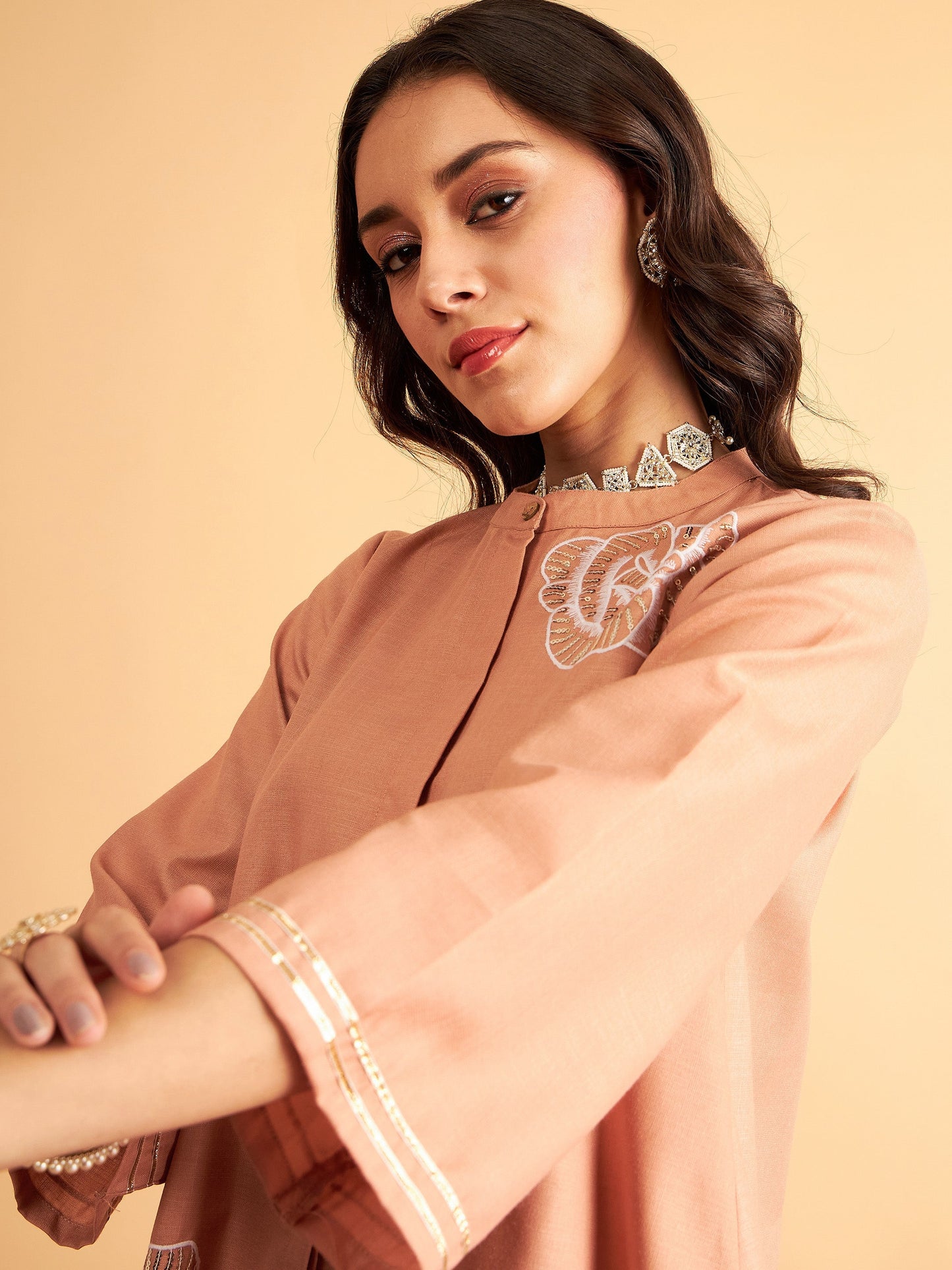 Brown Embroidered Collar Shirt With Pants