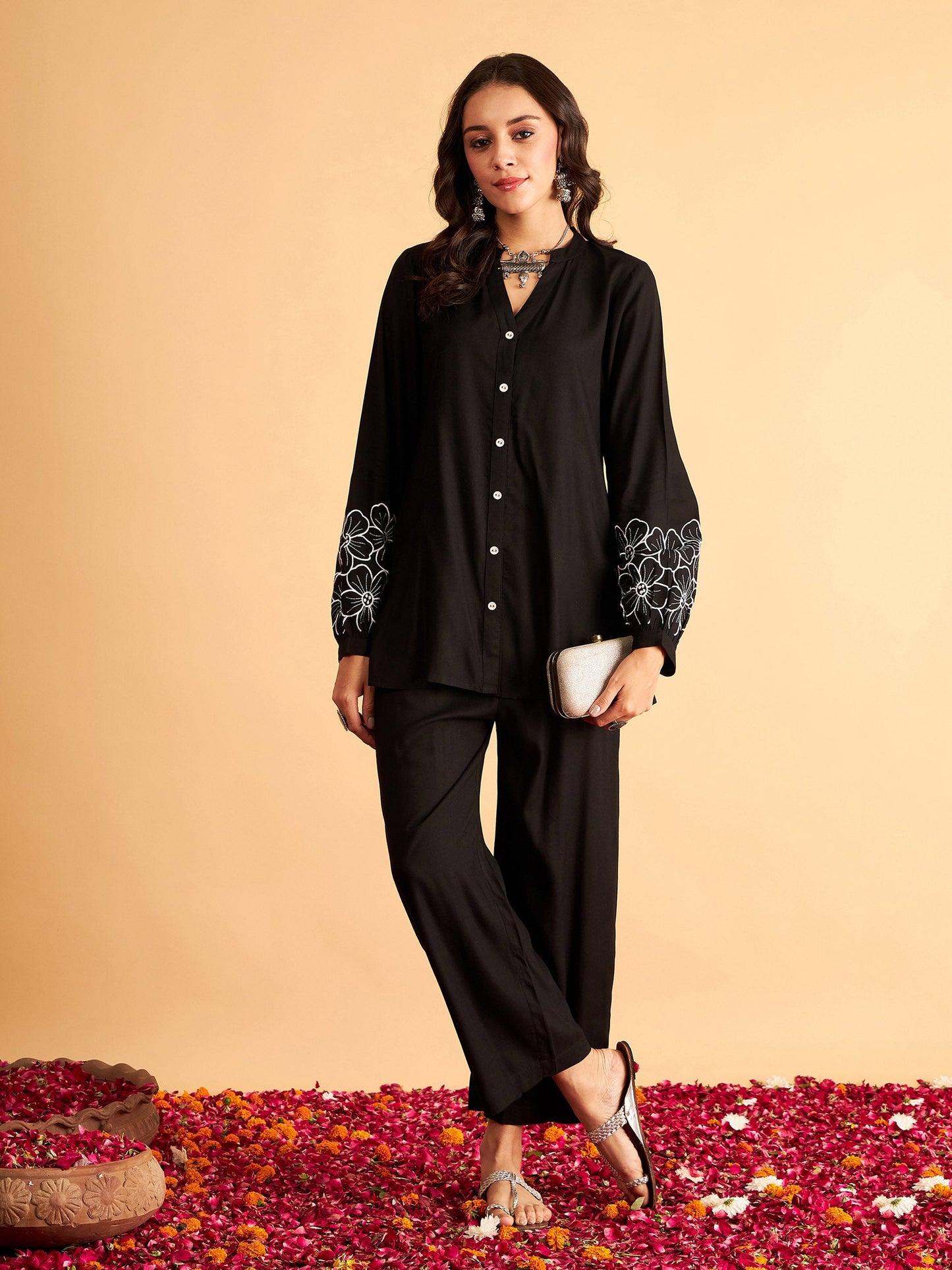 Black Sleeves Embroidered Shirt With Pants-Shae by SASSAFRAS