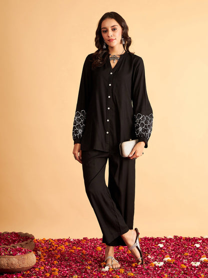 Black Sleeves Embroidered Shirt With Pants-Shae by SASSAFRAS