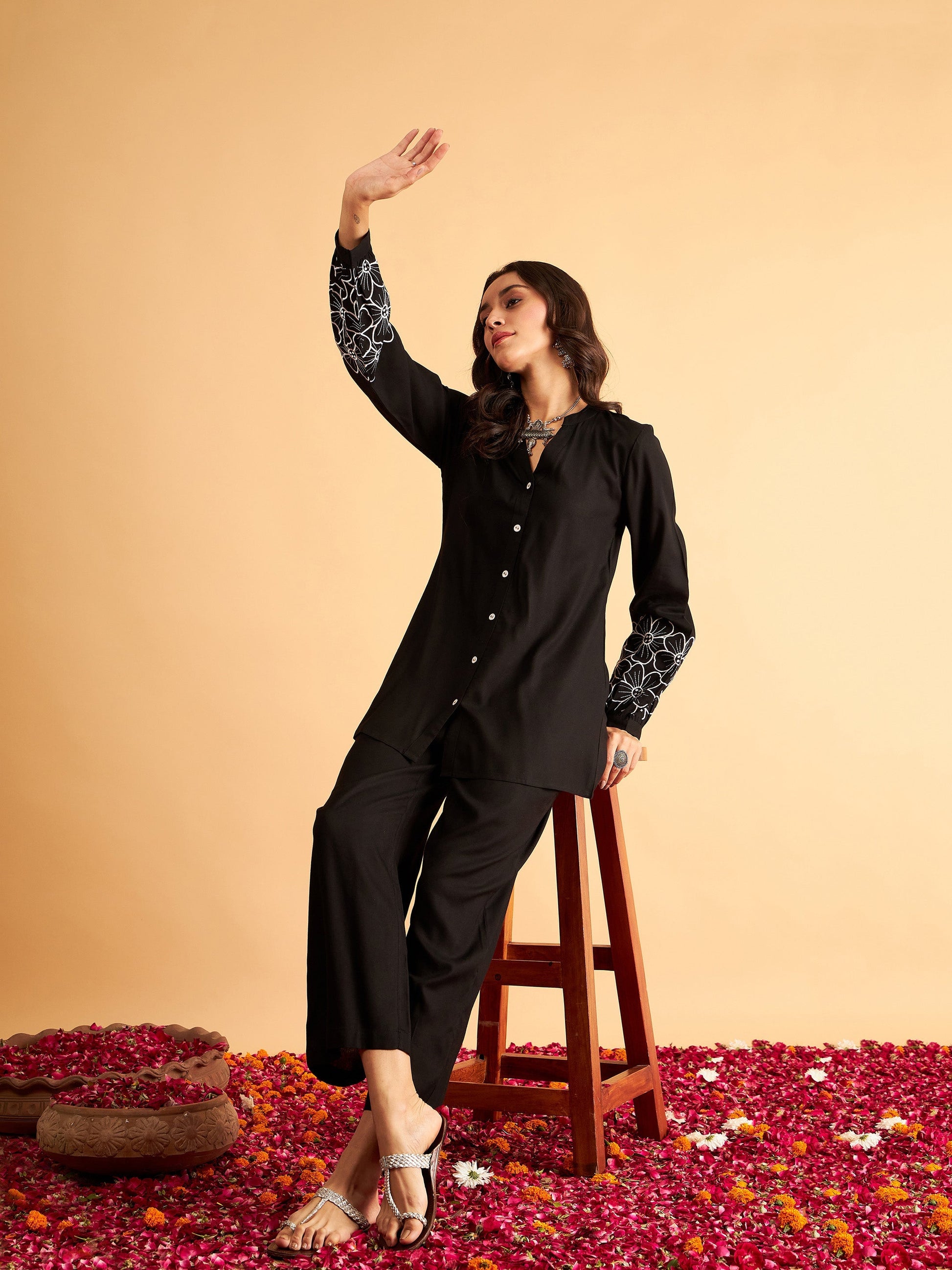 Black Sleeves Embroidered Shirt With Pants-Shae by SASSAFRAS