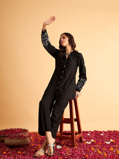Black Sleeves Embroidered Shirt With Pants-Shae by SASSAFRAS