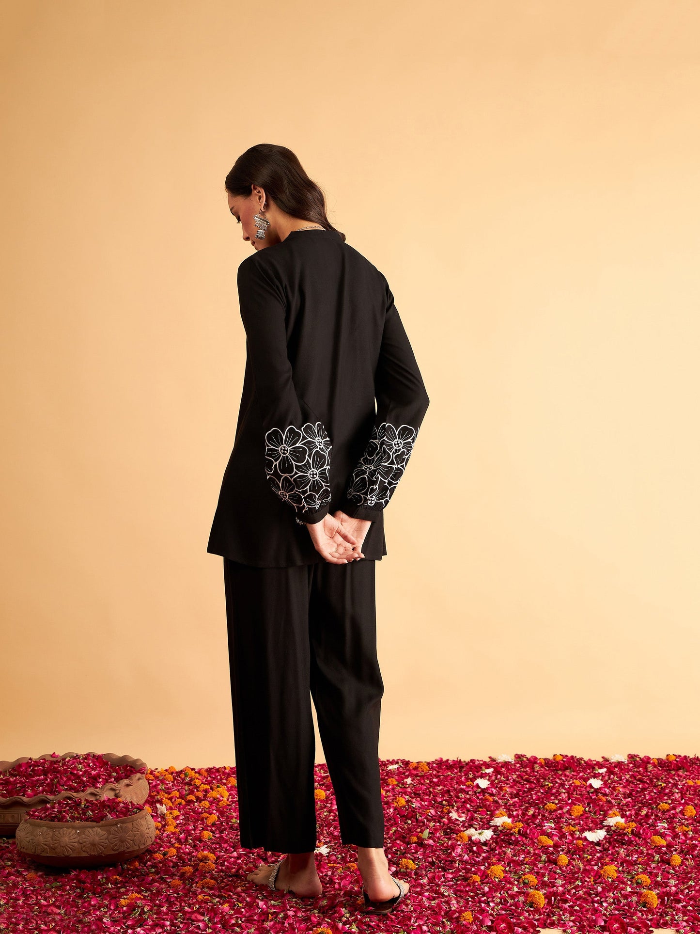 Black Sleeves Embroidered Shirt With Pants-Shae by SASSAFRAS