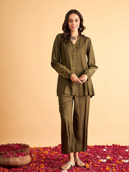 Olive Sleeves Embroidered Shirt With Pants-Shae by SASSAFRAS