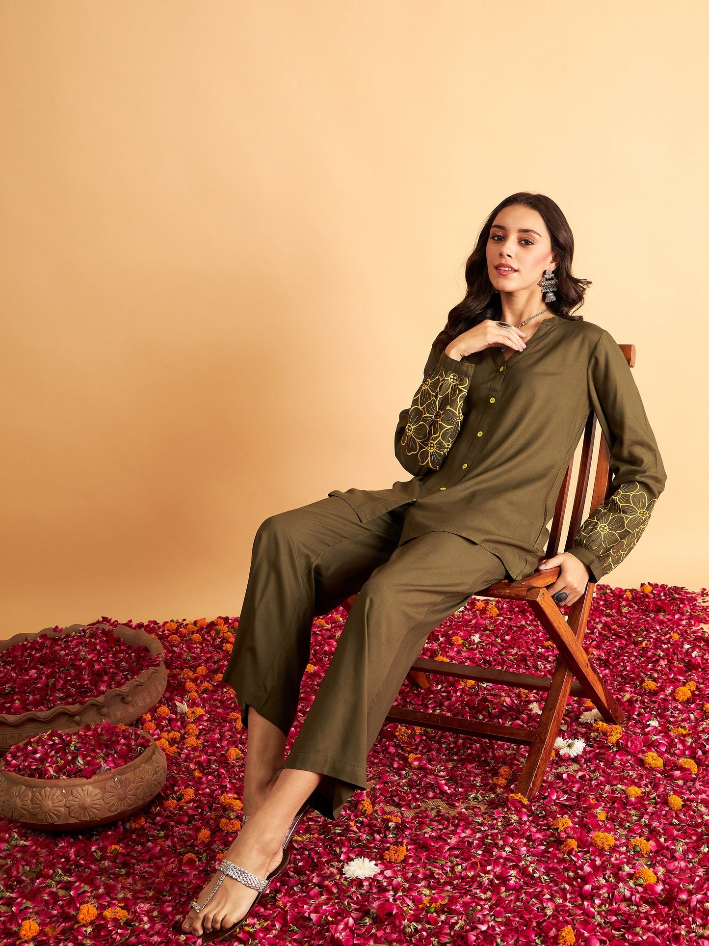 Olive Sleeves Embroidered Shirt With Pants-Shae by SASSAFRAS