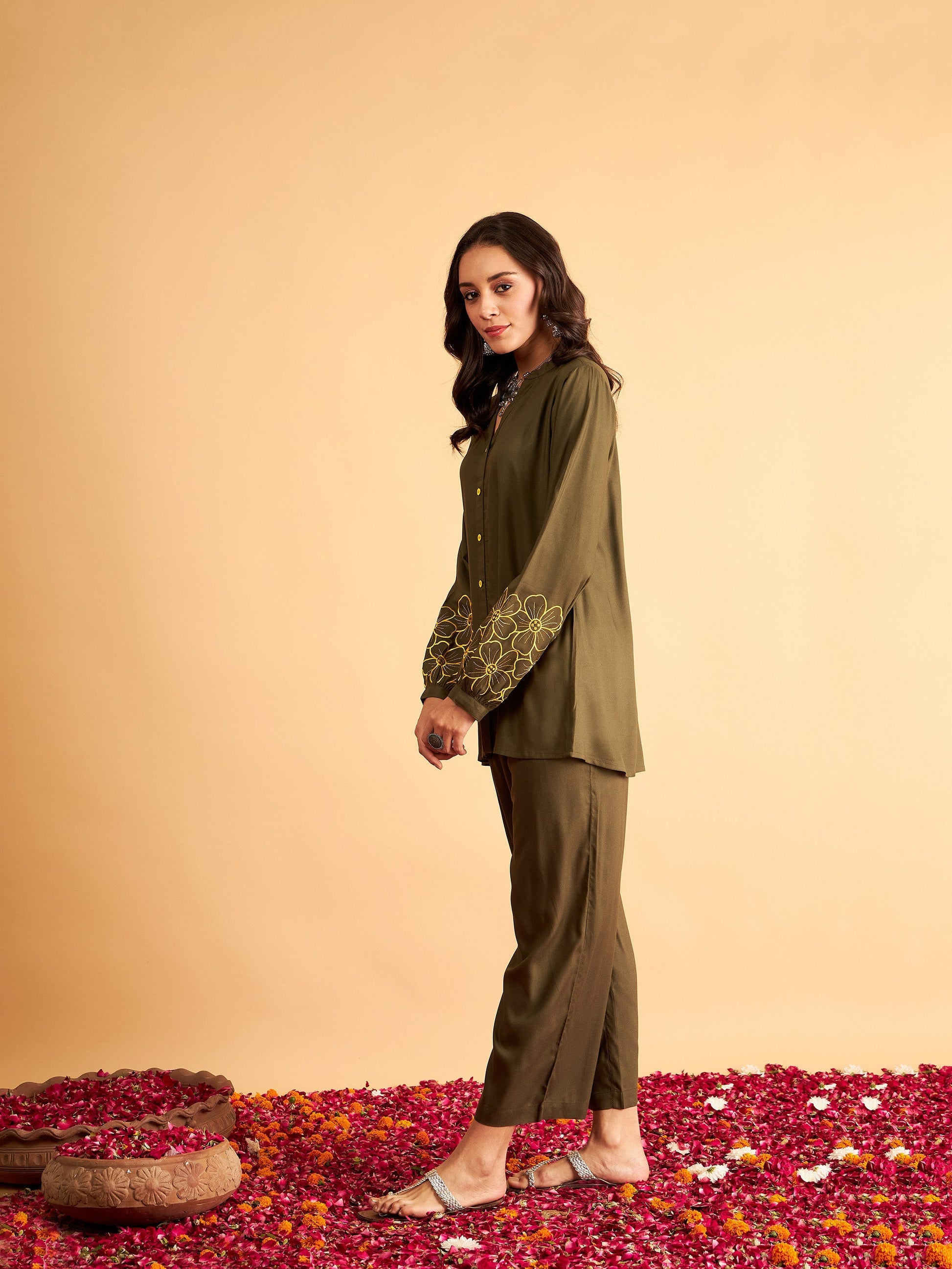 Olive Sleeves Embroidered Shirt With Pants-Shae by SASSAFRAS