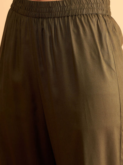 Olive Sleeves Embroidered Shirt With Pants-Shae by SASSAFRAS