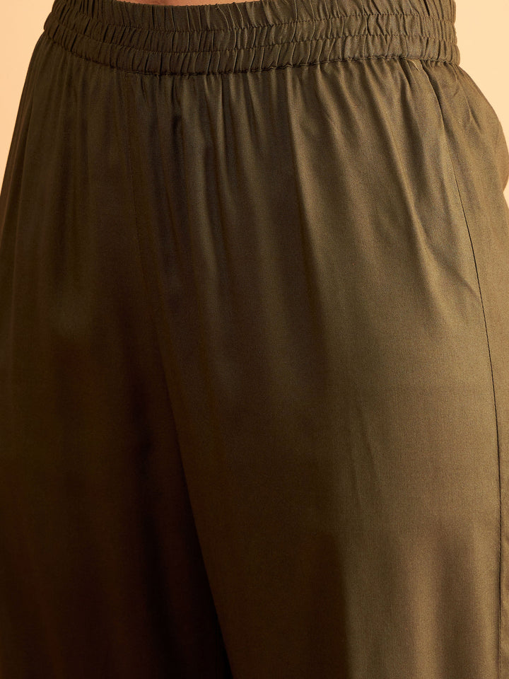 Olive Sleeves Embroidered Shirt With Pants-Shae by SASSAFRAS