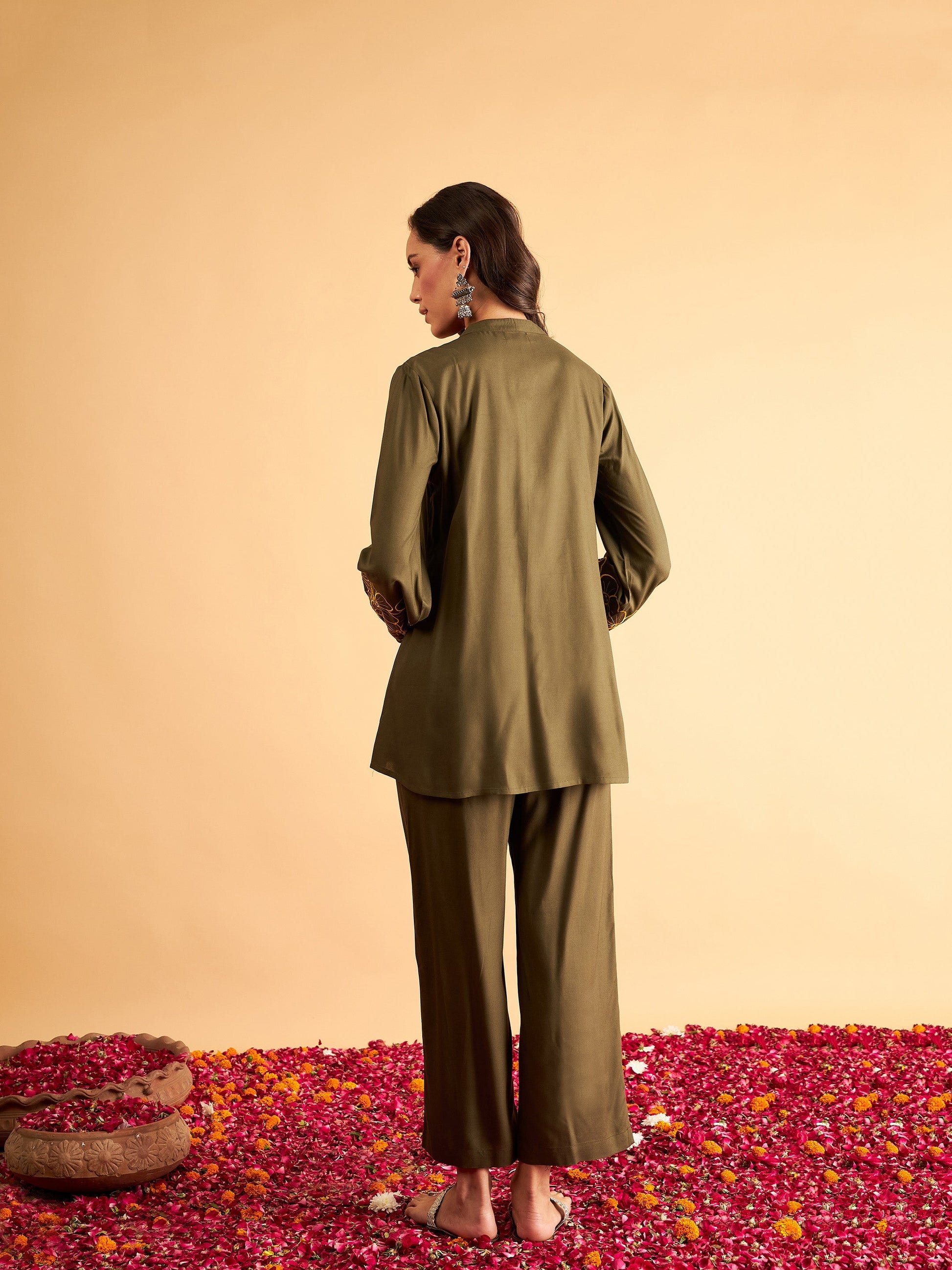 Olive Sleeves Embroidered Shirt With Pants-Shae by SASSAFRAS
