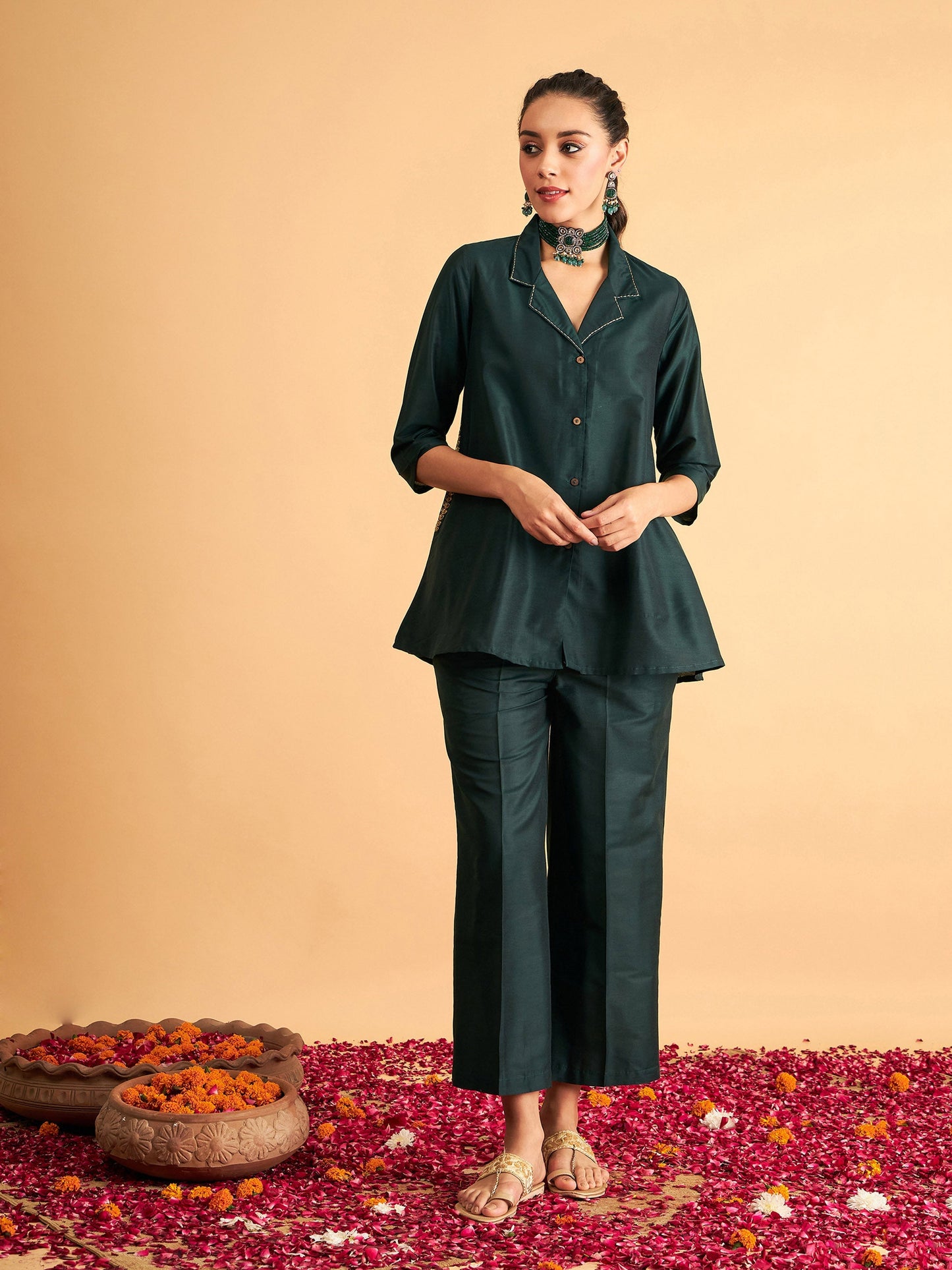 Emerald Zari Embroidered Collar Shirt With Pants