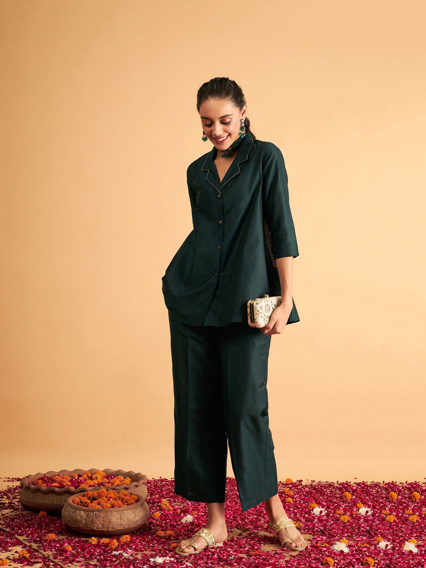 Emerald Zari Embroidered Collar Shirt With Pants