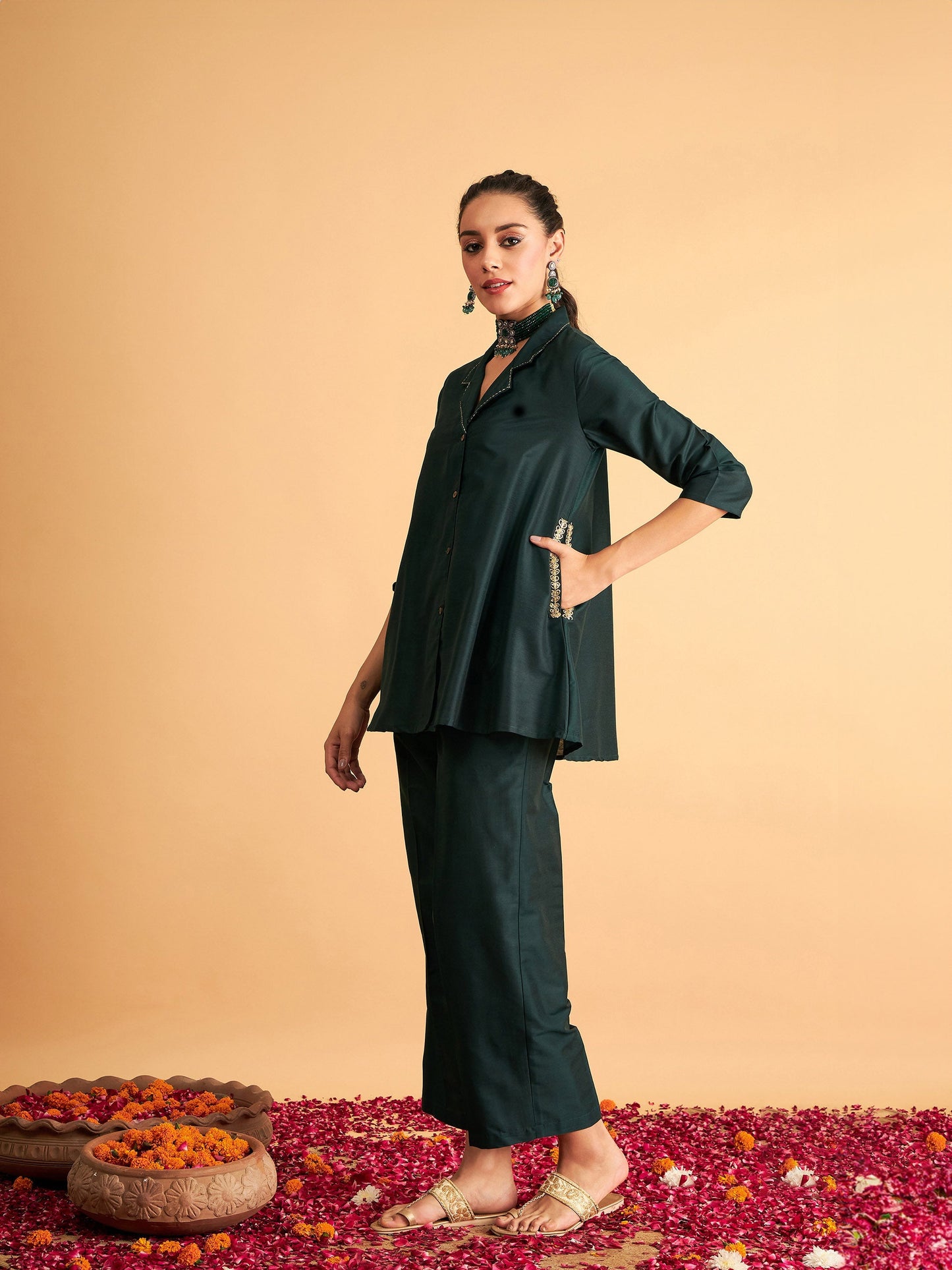Emerald Zari Embroidered Collar Shirt With Pants