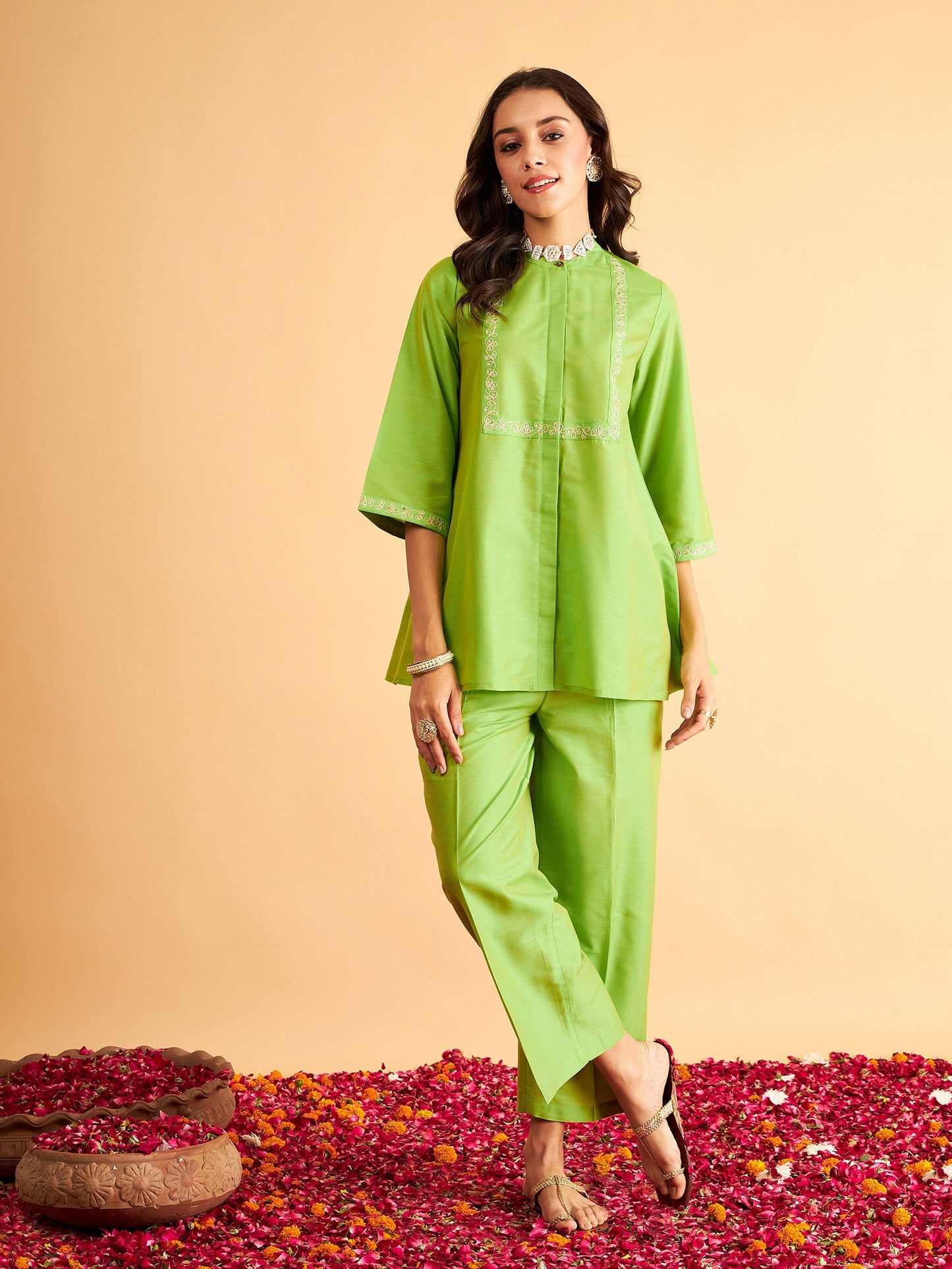 Green Embroidered Top With Straight Pants