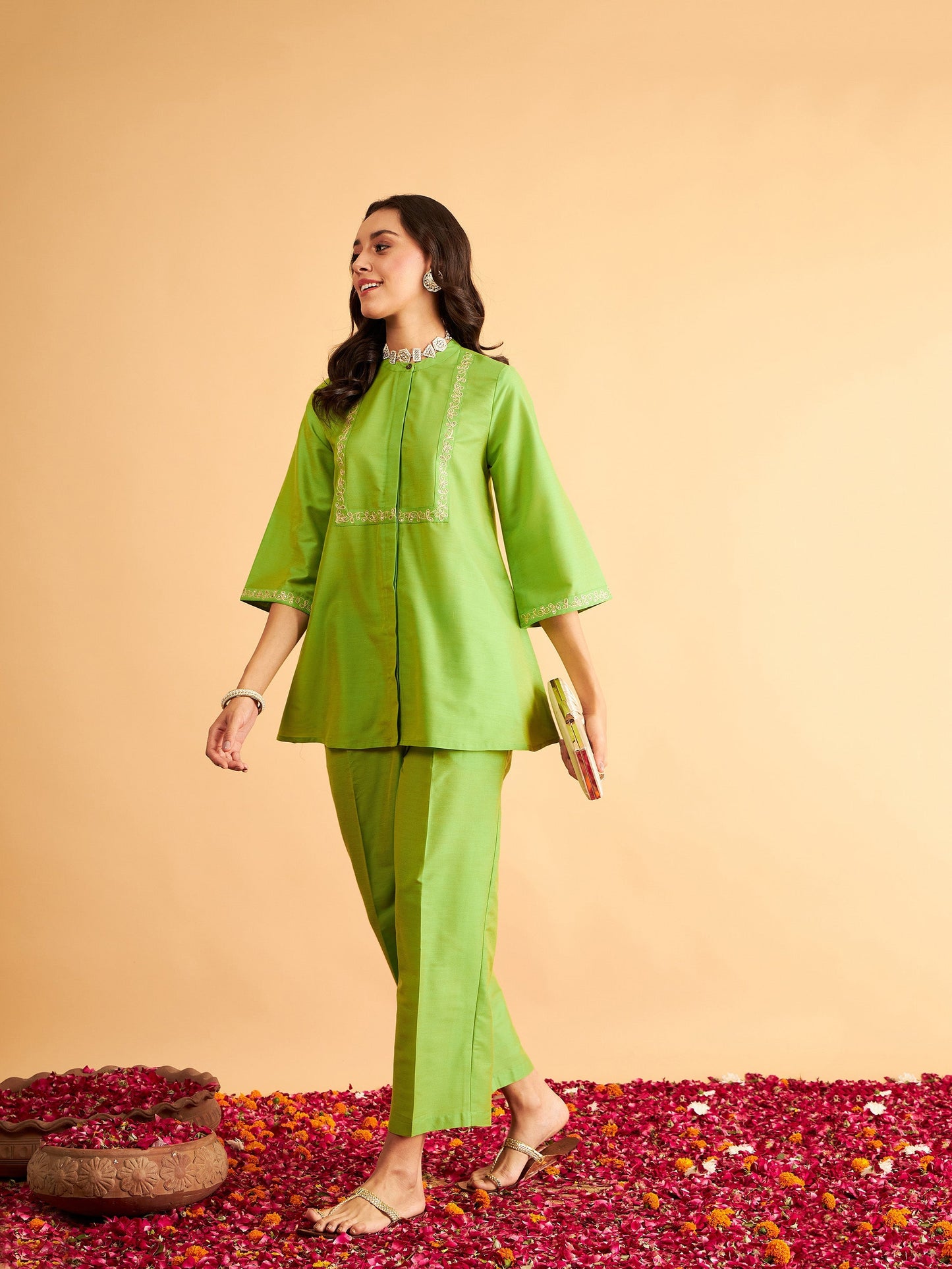 Green Embroidered Top With Straight Pants