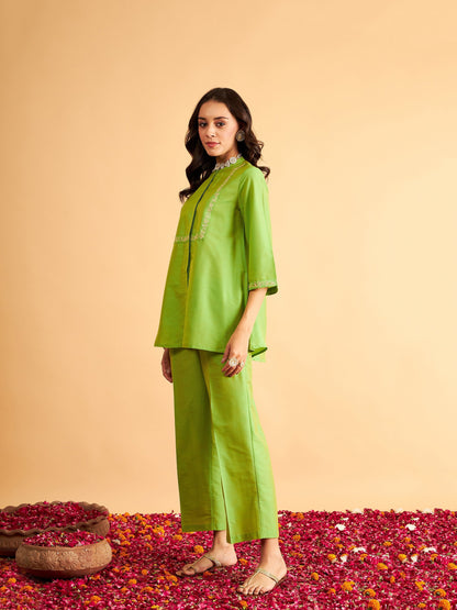 Green Embroidered Top With Straight Pants