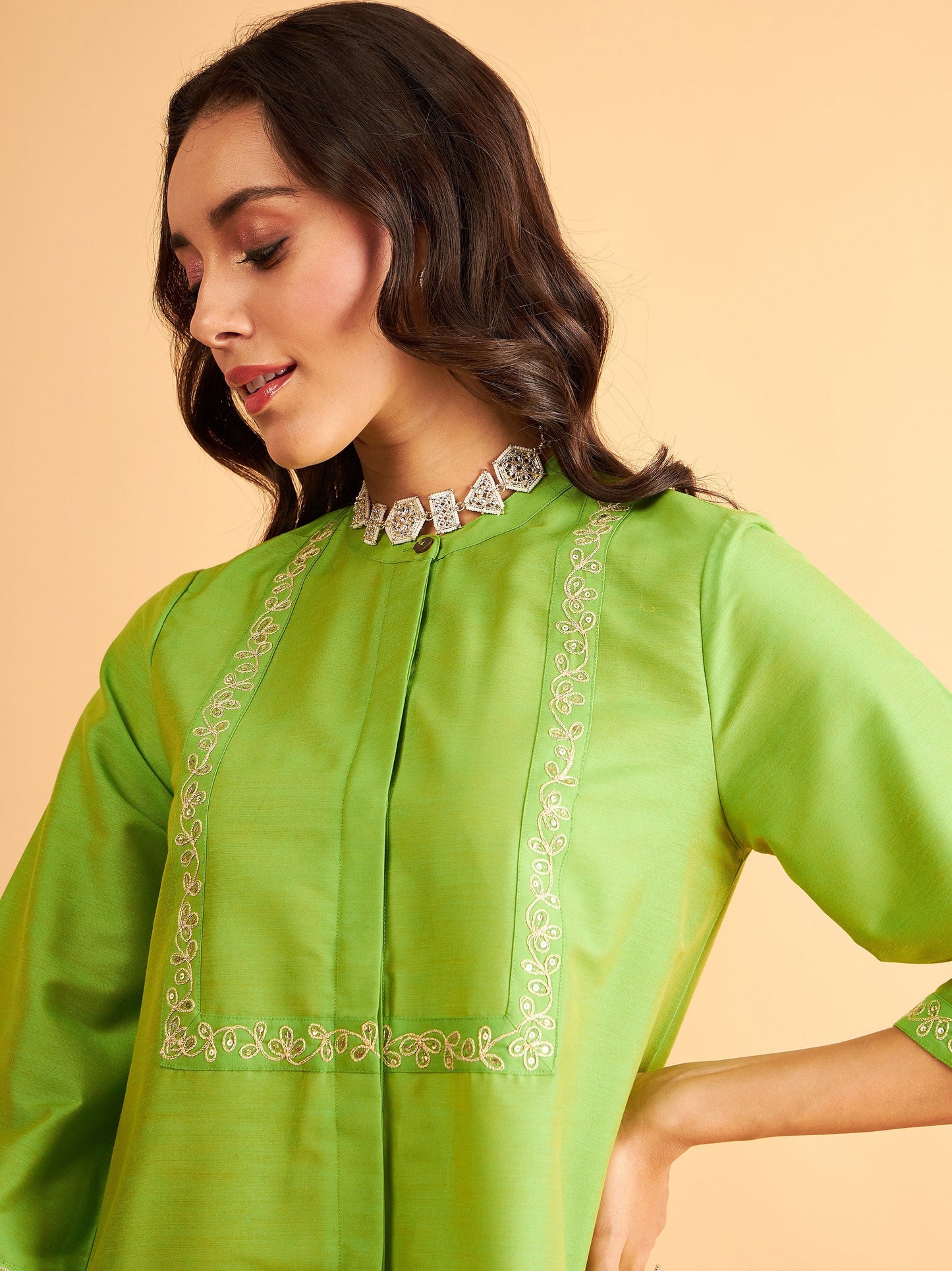 Green Embroidered Top With Straight Pants