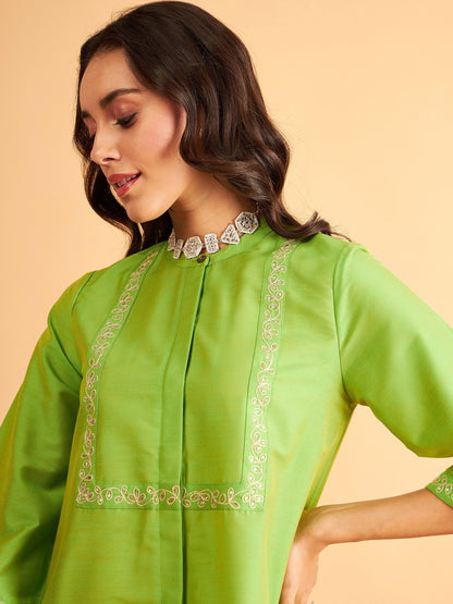 Green Embroidered Top With Straight Pants