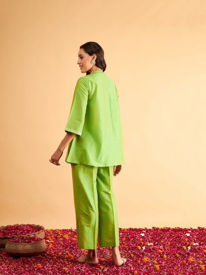 Green Embroidered Top With Straight Pants