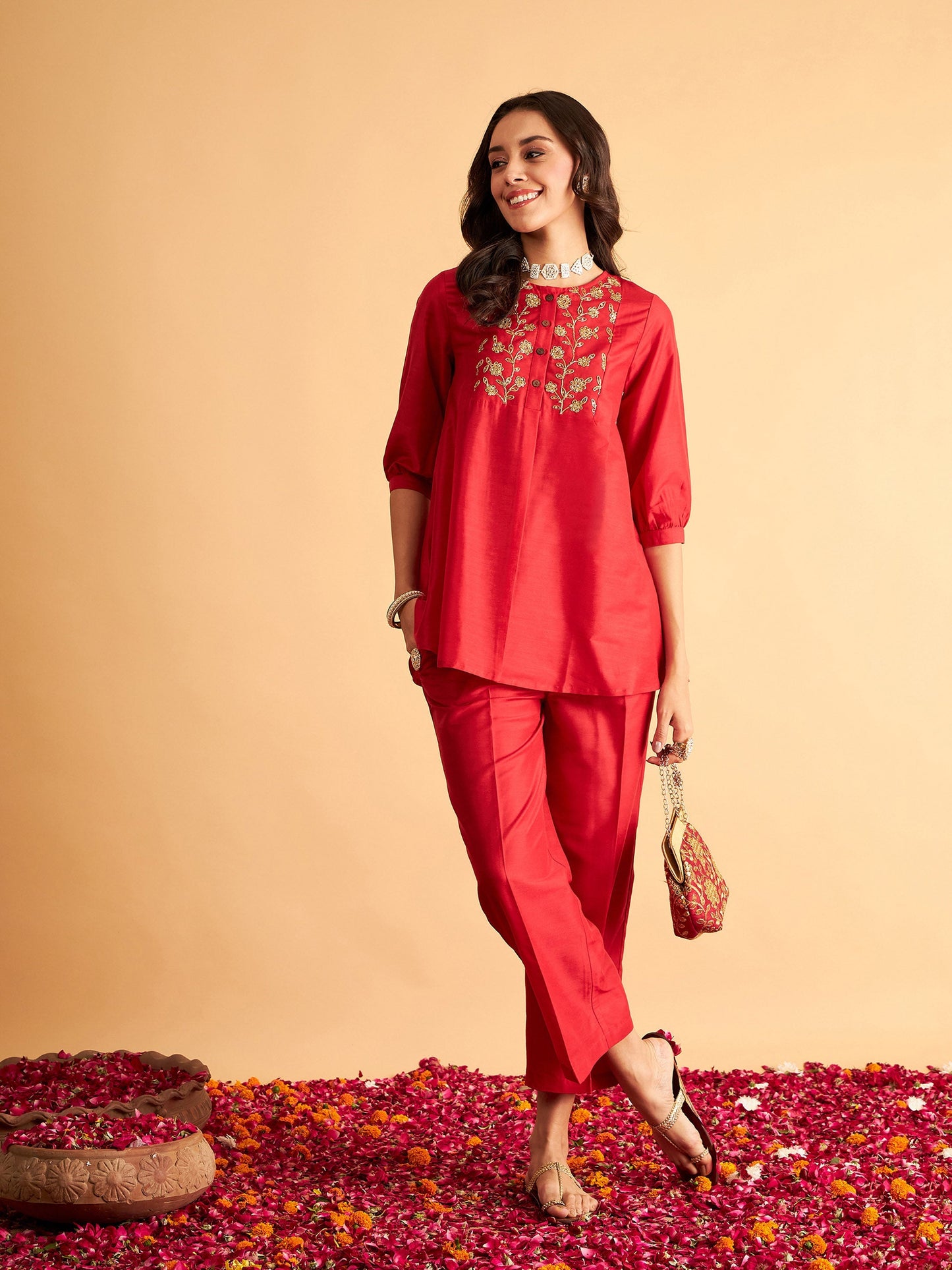 Red Embroidered Top With Pants