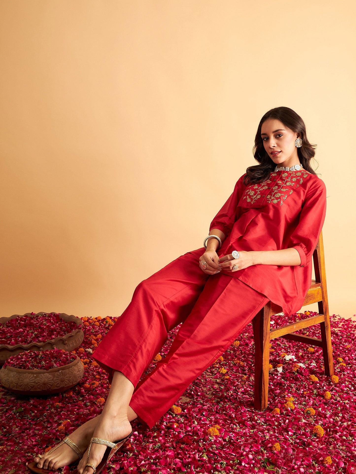 Red Embroidered Top With Pants