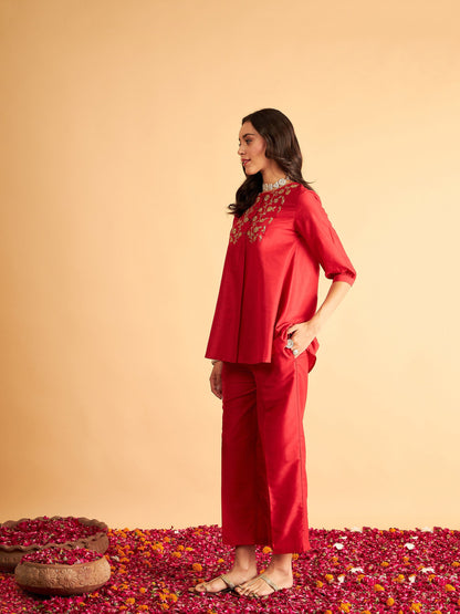 Red Embroidered Top With Pants