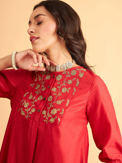Red Embroidered Top With Pants