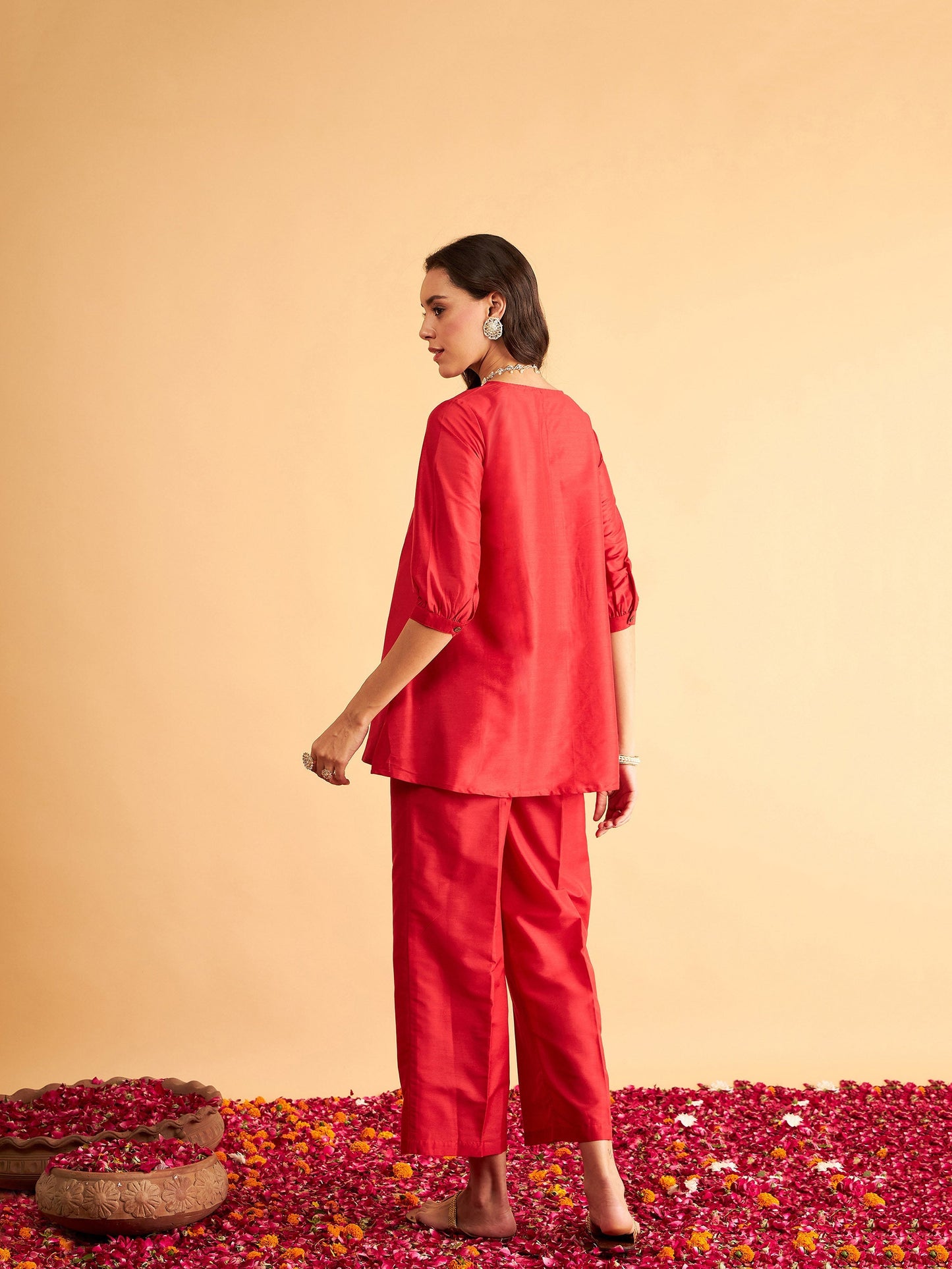 Red Embroidered Top With Pants