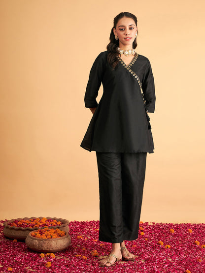 Black Embroidered Wrap Top With Pants