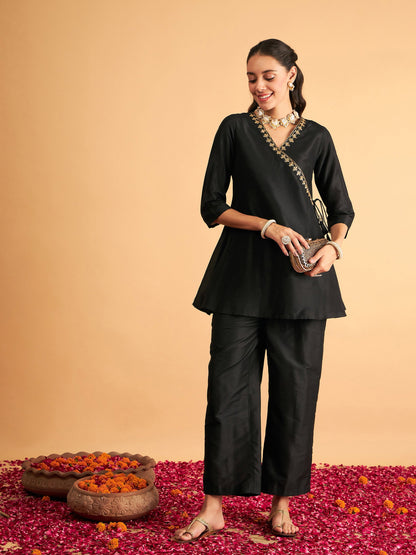 Black Embroidered Wrap Top With Pants