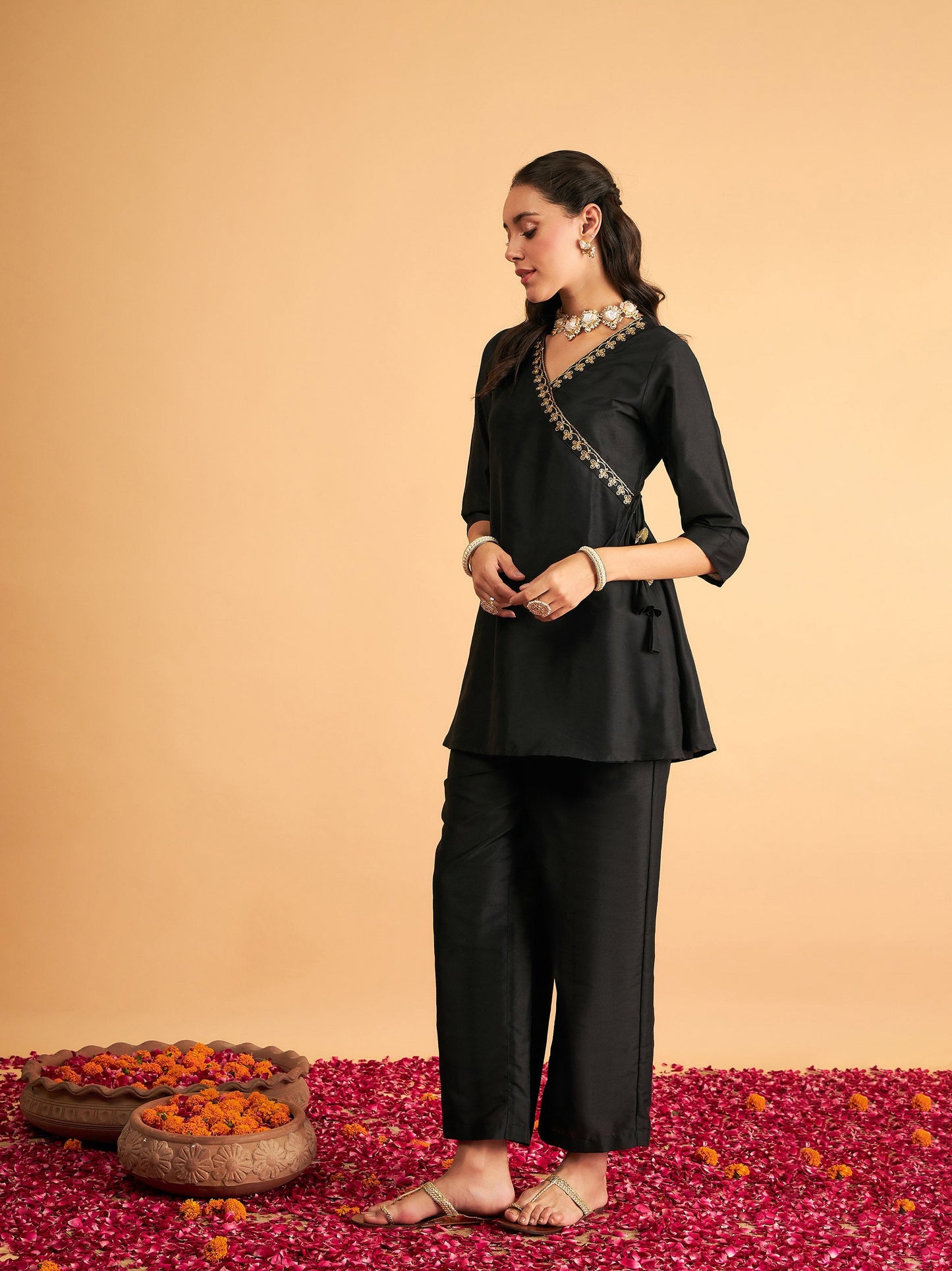 Black Embroidered Wrap Top With Pants