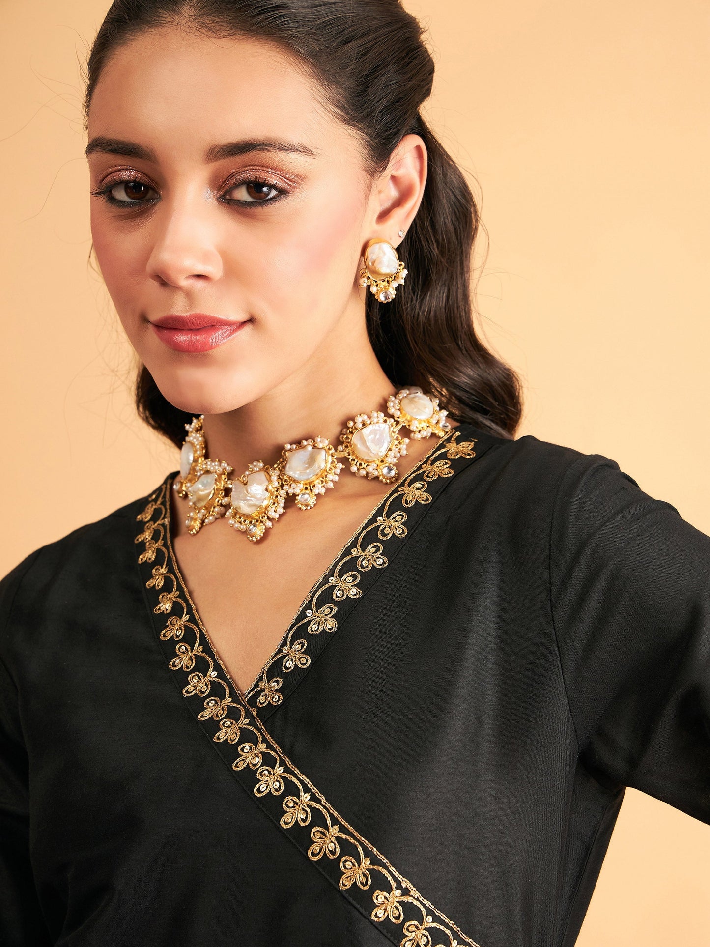 Black Embroidered Wrap Top With Pants