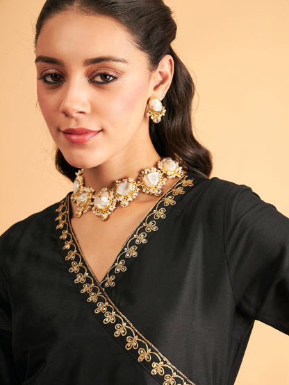 Black Embroidered Wrap Top With Pants