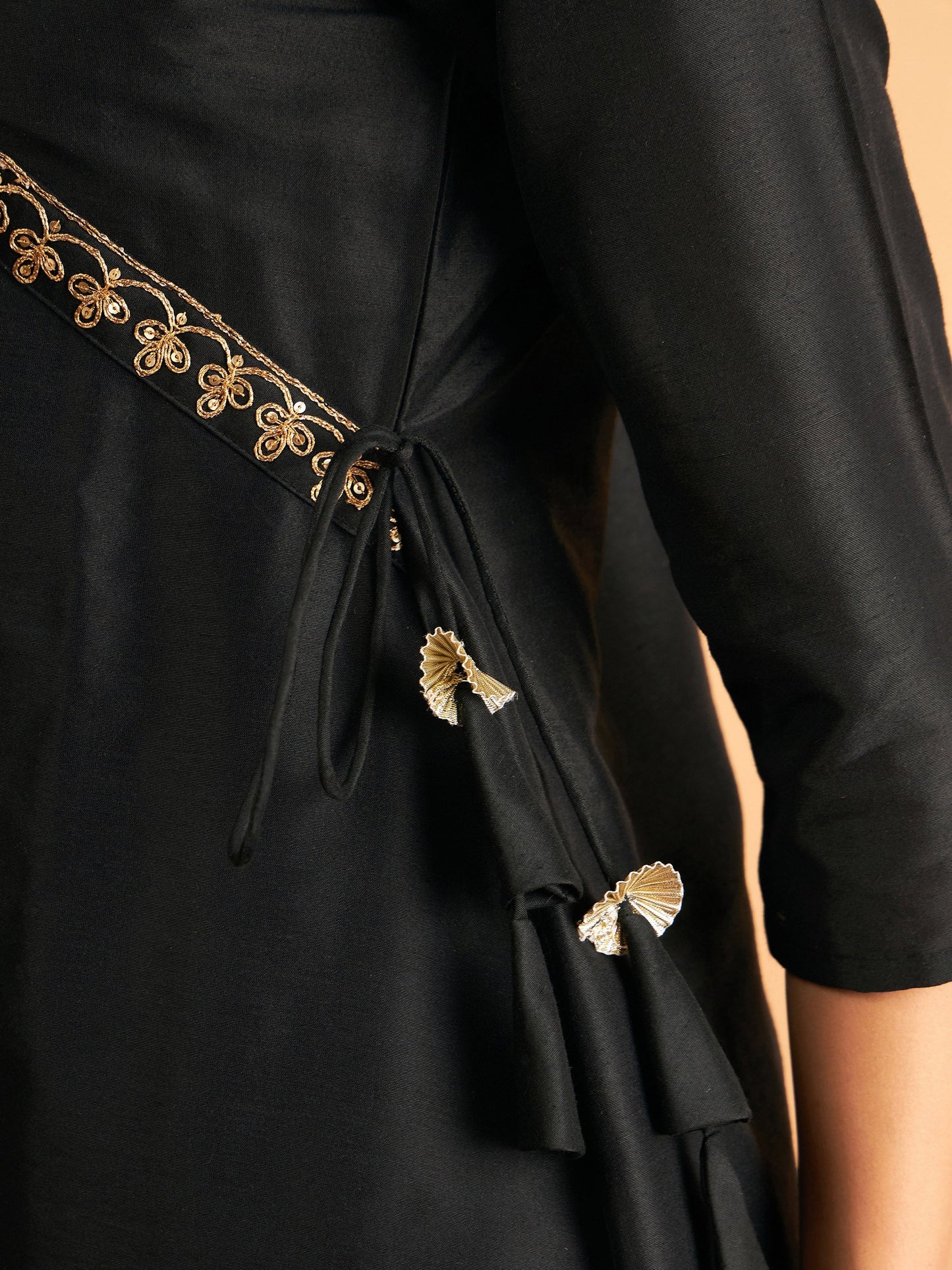 Black Embroidered Wrap Top With Pants
