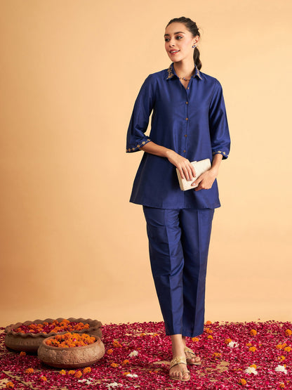 Royal Blue Embroidered Collar Shirt With Pants