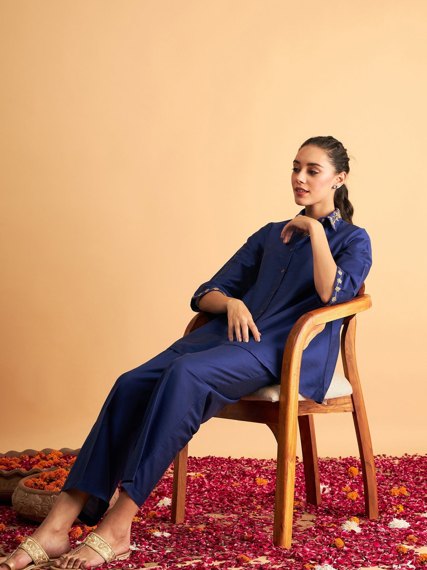 Royal Blue Embroidered Collar Shirt With Pants