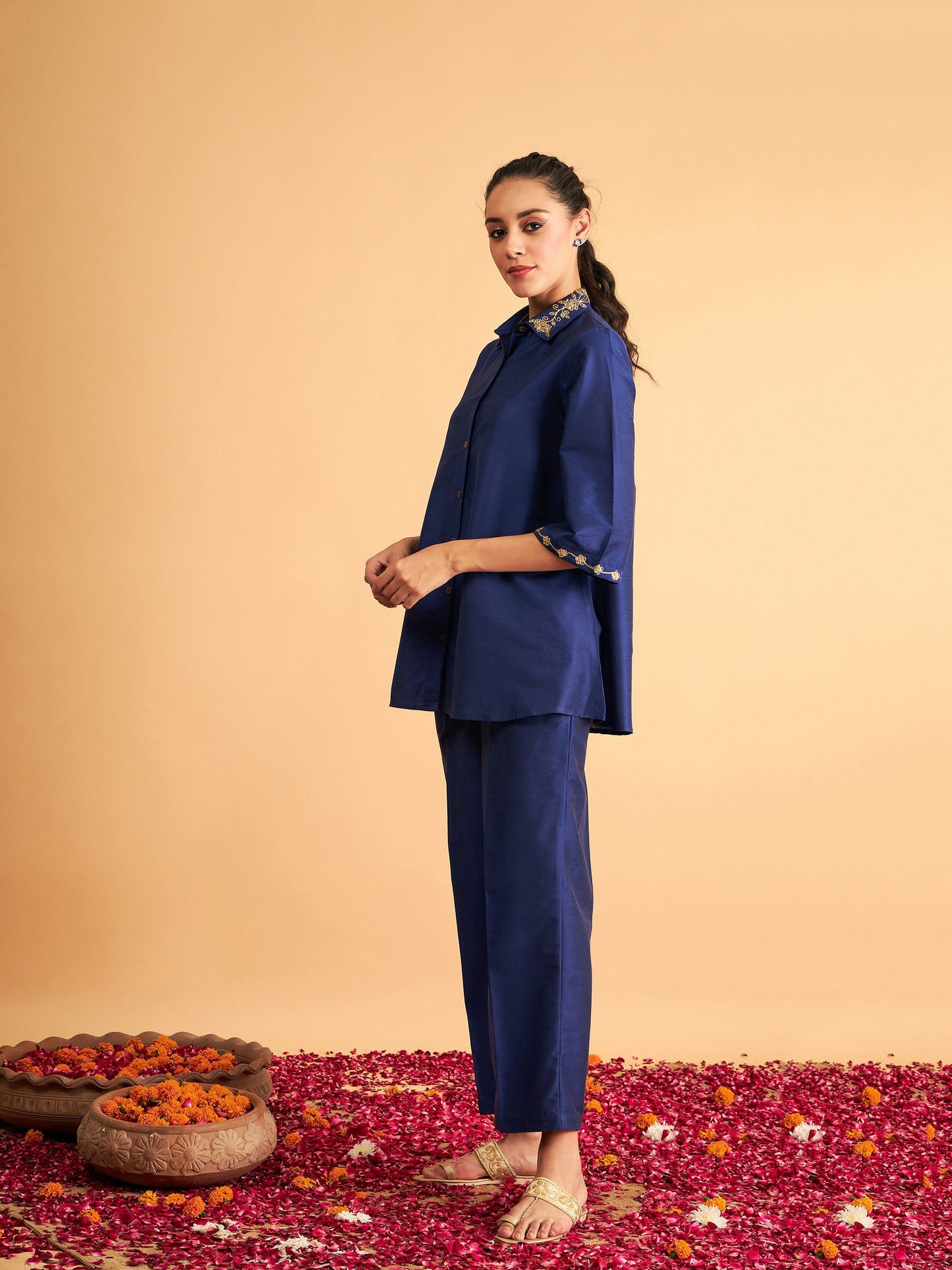 Royal Blue Embroidered Collar Shirt With Pants