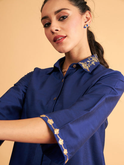 Royal Blue Embroidered Collar Shirt With Pants