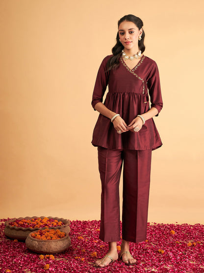 Maroon Embroidered Wrap Peplum Top With Pants